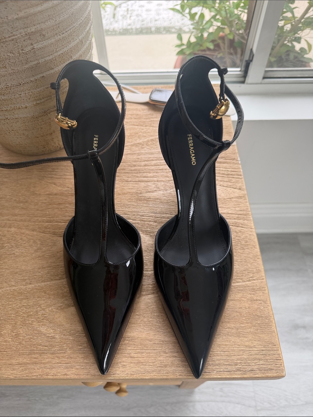 Salvatore Ferragamo Black Patent Leather T-Strap Pointed Toe Pumps